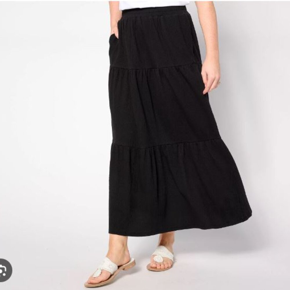 Belle by Kim Gravel Packabelle Long Tiered Skirt, Regular Black XX-Small A639665